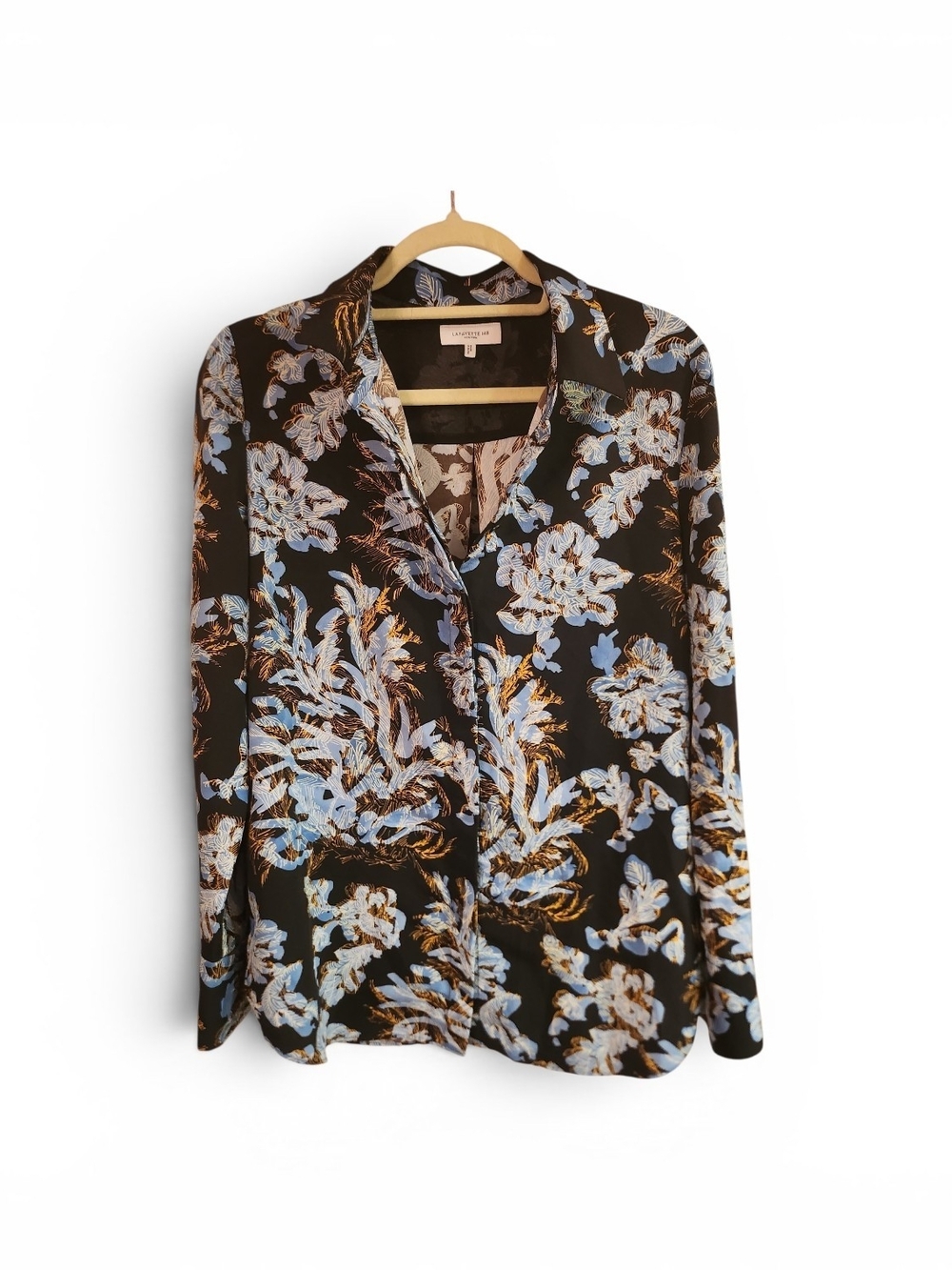 Lafayette 148 New York Black Blouse with Light Blue & Gold Floral Print